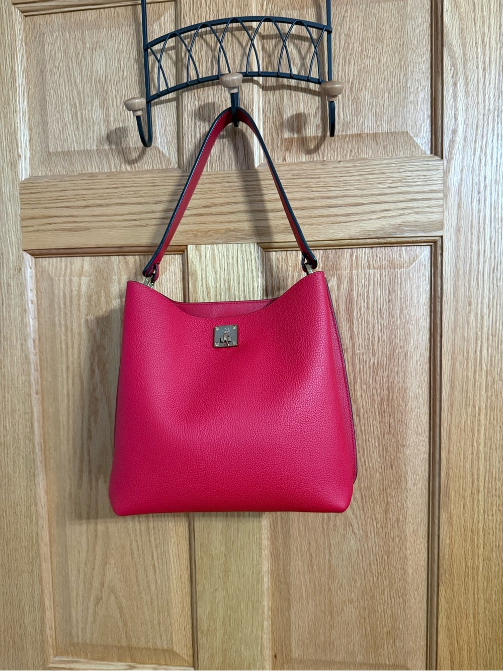 MCM Patricia Red Leather Shoulder Bag with Gold-Tone Logo